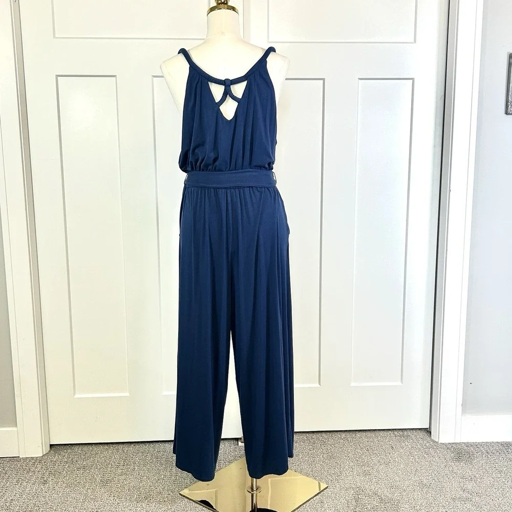 LOFT Blue Wide Leg Jumpsuit Women's LARGE Elastic Waist Pockets Strappy Back - Picture 4 of 11